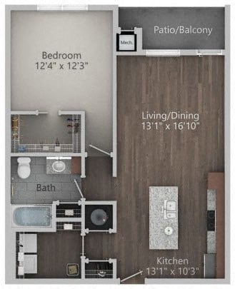 Floor plan for 1 bed, 1 bath, 822 sqft
